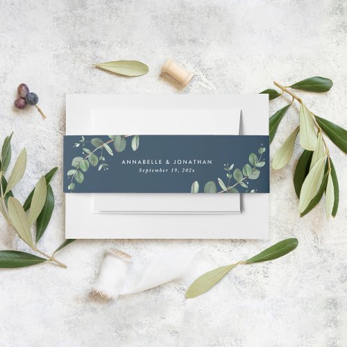 Beautiful delicate eucalyptus navy blue wedding invitation belly band