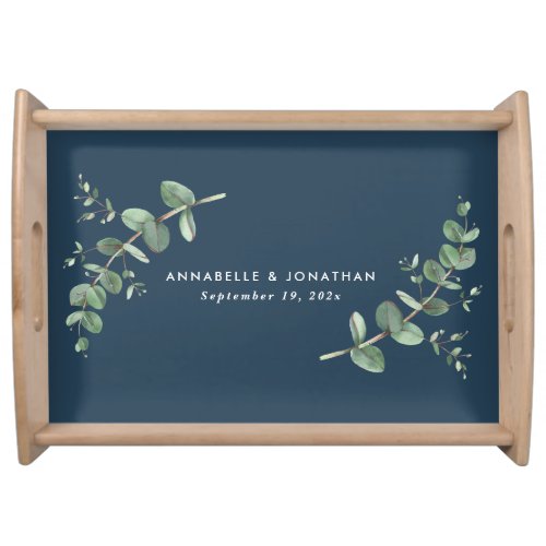 Beautiful delicate eucalyptus navy blue wedding serving tray