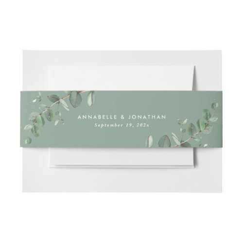 Beautiful delicate eucalyptus sage green wedding invitation belly band