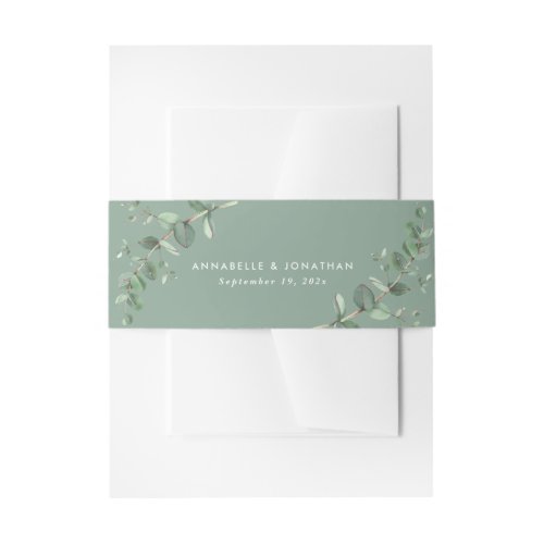 Beautiful delicate eucalyptus sage green wedding invitation belly band