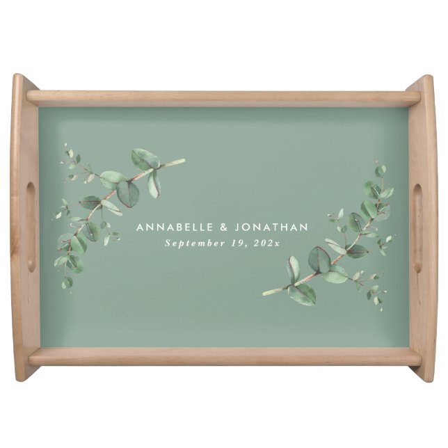 Beautiful delicate eucalyptus sage green wedding serving tray (Front)