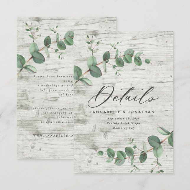 Beautiful delicate eucalyptus wedding details RSVP Card (Front/Back)