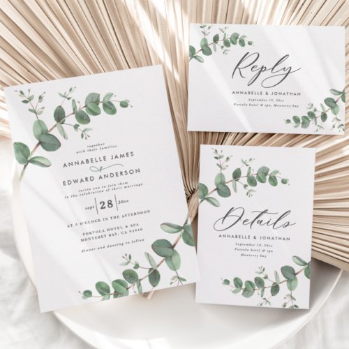 Beautiful delicate eucalyptus wedding details RSVP card