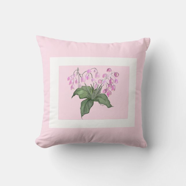 Beautiful Delicate Pink Bell Flower w/ green bkgd Throw Pillow (Front)