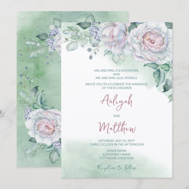 Beautiful Delicate Watercolor Rose Wedding Invitation (Front/Back)