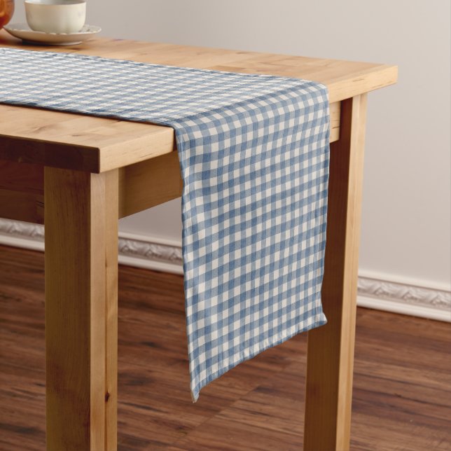 Beautiful Denim Blue Gingham Check  Long Table Runner (In Situ)