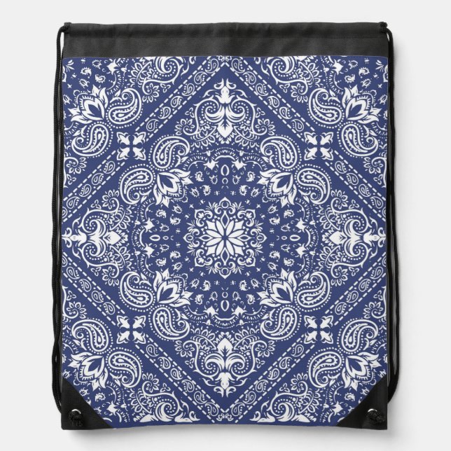 Beautiful Denim BluePaisley Bandanna Print Drawstring Bag (Front)