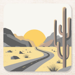 Beautiful desert sunrise with mountain view square paper coaster