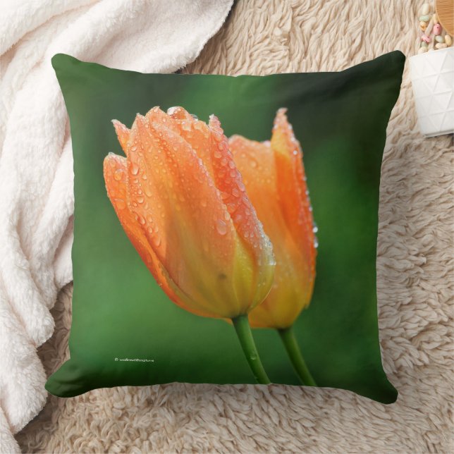 Beautiful Dew-Kissed Pastel Orange Tulips Throw Pillow (Blanket)