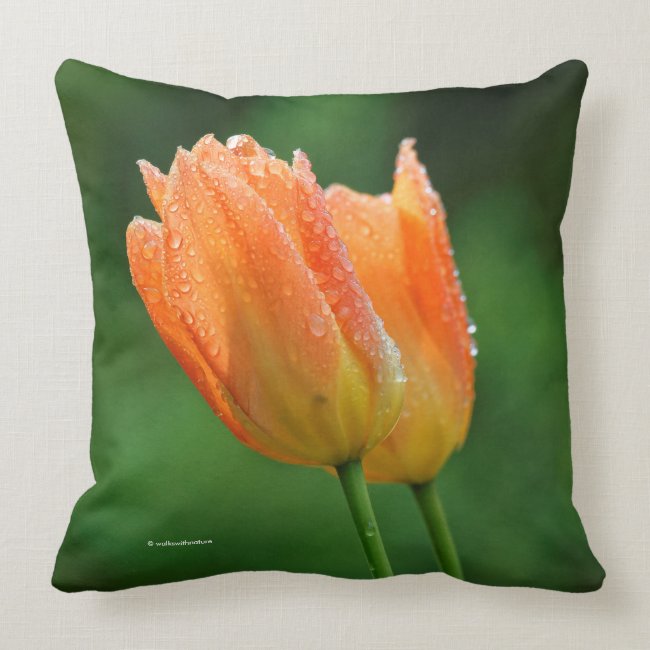 Beautiful Dew-Kissed Pastel Orange Tulips Pillow