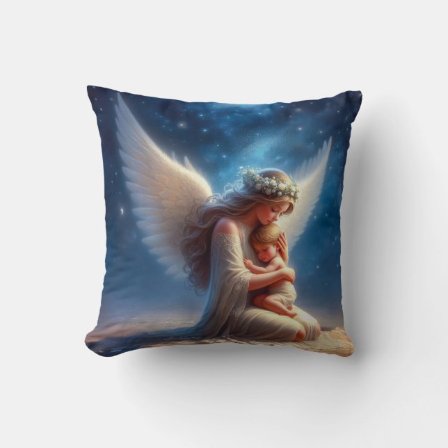 Beautiful Digital Painting of Angel Holding a Baby Throw Pillow (Front)
