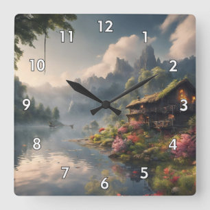 Beautiful Digital Painting of Cottage on the Water Square Wall Clock