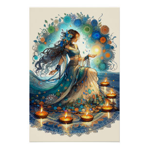 Beautiful Diwali Woman and Rangoli Poster
