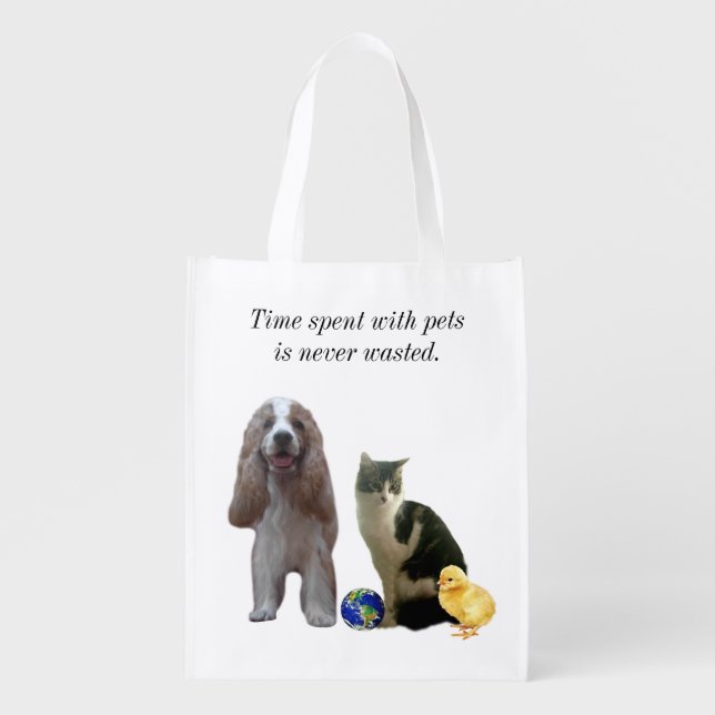 Beautiful Dog, Tabby Cat and Chick Grocery Bag (Front)