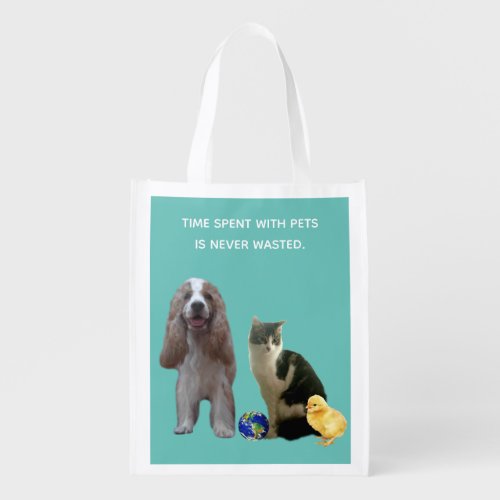 Beautiful Dog Tabby Cat and Chick on Teal Grocery Bag
