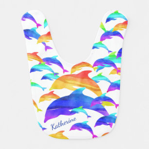 Beautiful Dolphins in Rainbow with First Name Baby Bib
