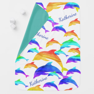 Beautiful Dolphins in Rainbow with First Name Baby Blanket