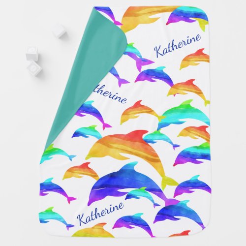 Beautiful Dolphins in Rainbow with First Name Baby Blanket