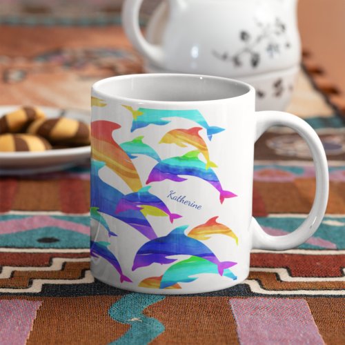 Beautiful Dolphins in Rainbow with First Name Coffee Mug