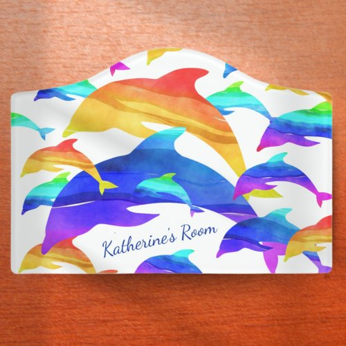 Beautiful Dolphins in Rainbow with First Name Door Sign