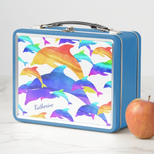 Beautiful Dolphins in Rainbow with First Name Metal Lunch Box