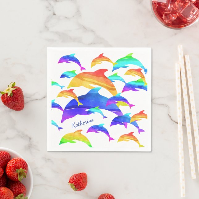 Beautiful Dolphins in Rainbow with First Name Napkins (Insitu)