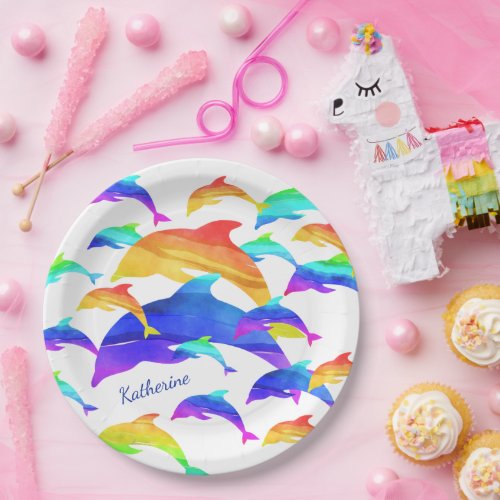 Beautiful Dolphins in Rainbow with First Name Paper Plates