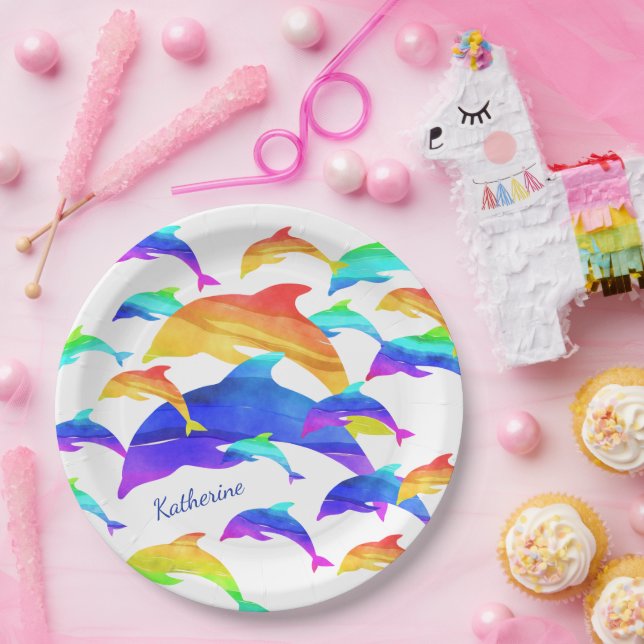 Beautiful Dolphins in Rainbow with First Name Paper Plates (Party)