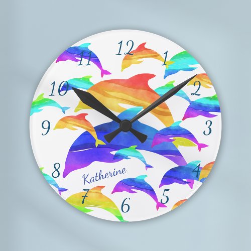 Beautiful Dolphins in Rainbow with First Name Round Clock