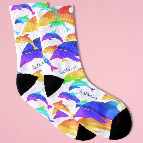 Beautiful Dolphins in Rainbow with First Name Socks