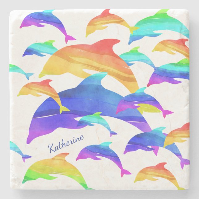 Beautiful Dolphins in Rainbow with First Name Stone Coaster (Front)