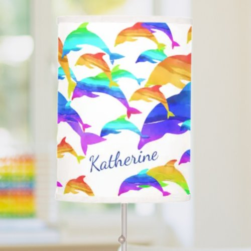 Beautiful Dolphins in Rainbow with First Name Table Lamp