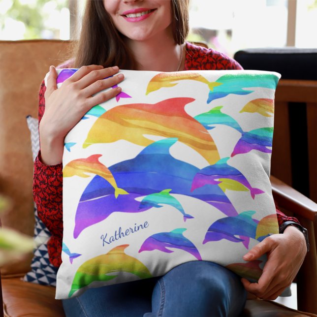 Beautiful Dolphins in Rainbow with First Name Throw Pillow (Creator Uploaded)