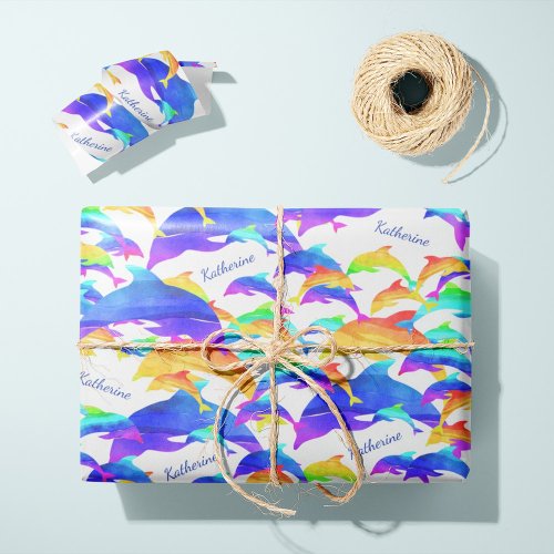 Beautiful Dolphins in Rainbow with First Name Wrapping Paper