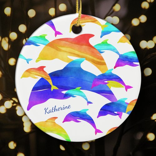 Beautiful Dolphins in Rainbow with Name Christmas Ceramic Ornament
