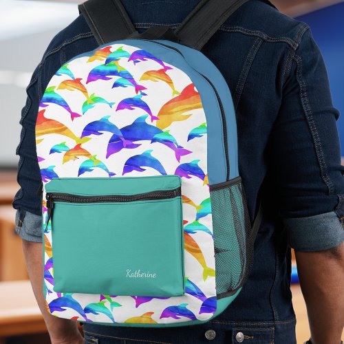 Beautiful Dolphins in Rainbow with Name School Printed Backpack
