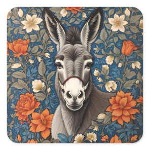 Beautiful Donkey Face Elegant Floral Square Sticker