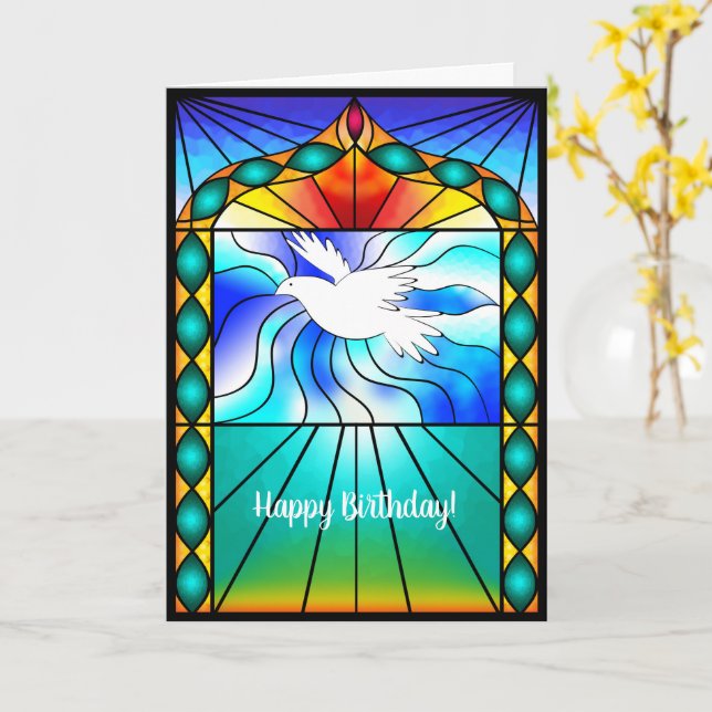 Beautiful Dove Stained Glass Window Card (Yellow Flower)