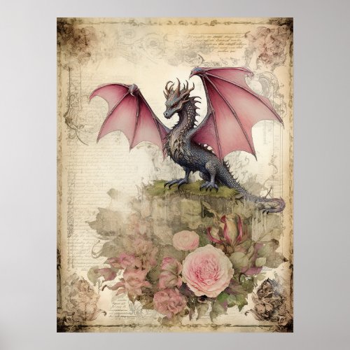 Beautiful Dragon Fantasy Junk Journal Ephemera Art Poster