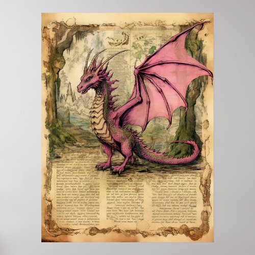 Beautiful Dragon Fantasy Junk Journal Ephemera Art Poster