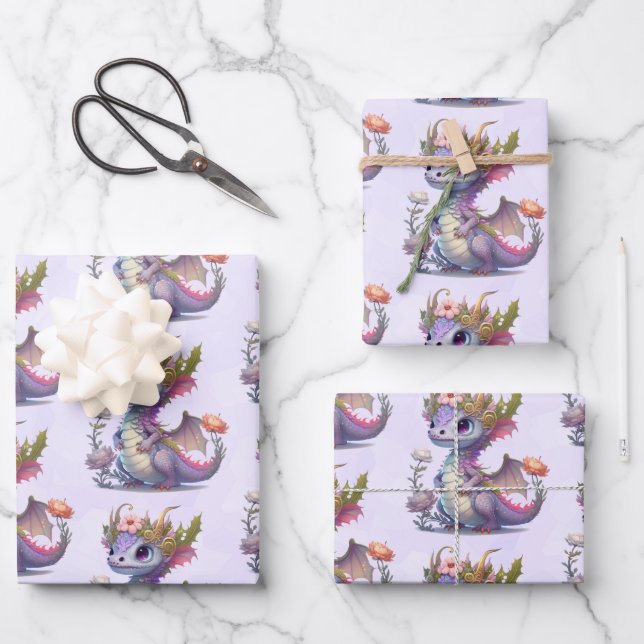 Beautiful Dragon with Elegant Crown Patterned Wrapping Paper Sheets (Front)