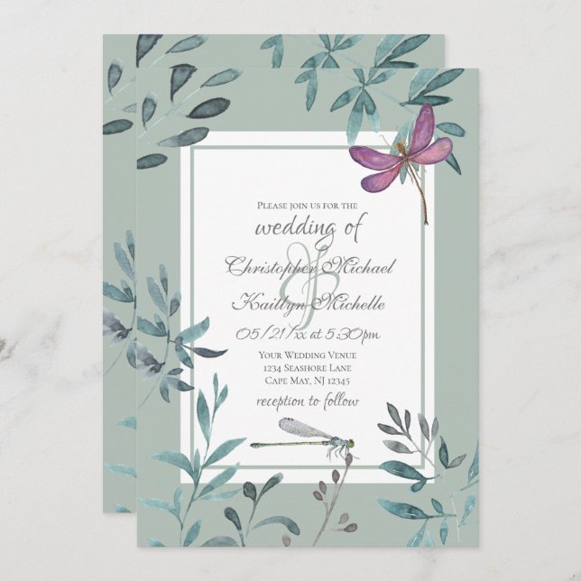 Beautiful Dragonfly and Garden Greenery Wedding Invitation (Front/Back)