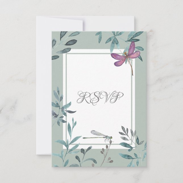 Beautiful Dragonfly and Garden Greenery Wedding RSVP Card (Front)