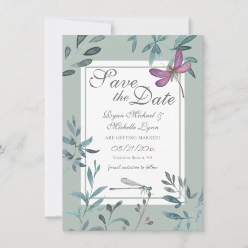 Beautiful Dragonfly and Garden Greenery Wedding Save The Date