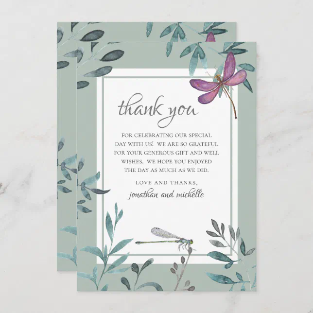 Beautiful Dragonfly and Garden Greenery Wedding Thank You Card | Zazzle