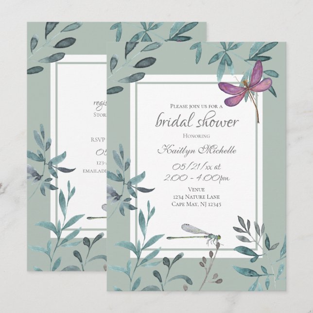 Beautiful Dragonfly Garden Greenery Bridal Shower Invitation (Front/Back)
