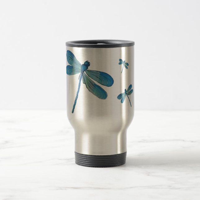 Beautiful Dragonfly Pink Flower Original Art Travel Mug (Center)