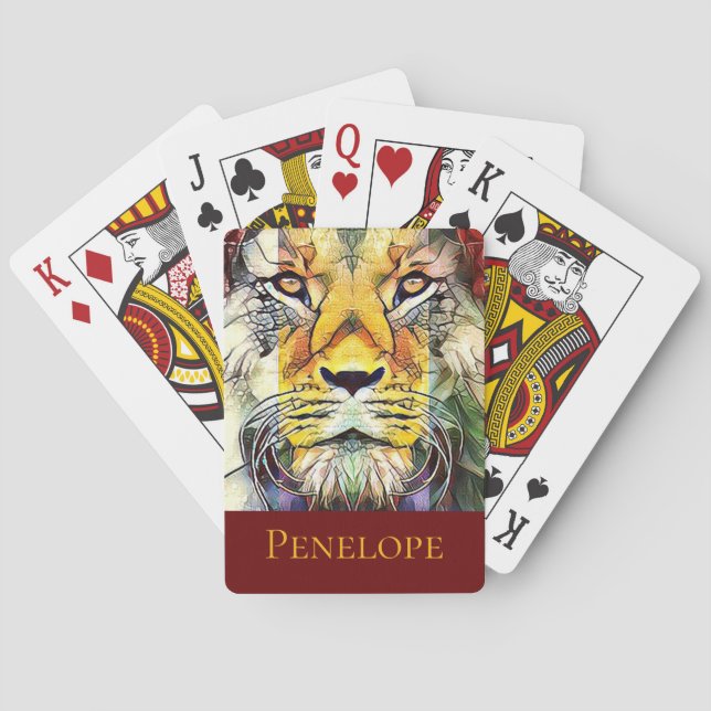 Beautiful Dramatic African Lion Pop Art with Name Poker Cards (Back)