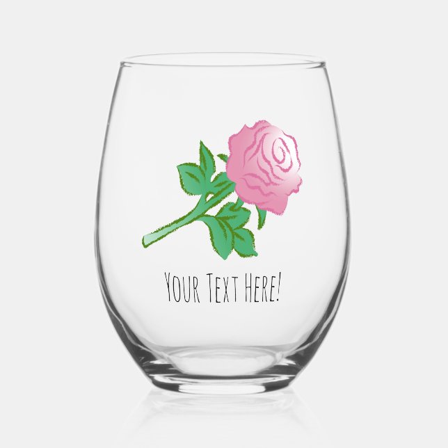Beautiful drawing of a pink rose stemless wine glass (Front)
