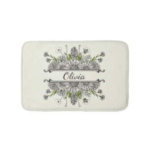 Beautiful drawing of black and white flowers bath mat